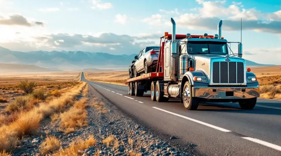 A flatbed tow truck transporting a sedan down a highway near Fargo under a dramatic, overcast Midwestern sky.