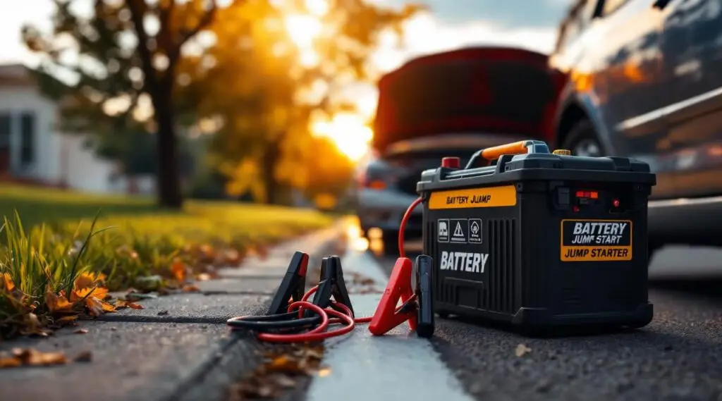 A professional roadside technician connecting heavy-duty booster cables to a dead car battery in freezing Barnesville weather.