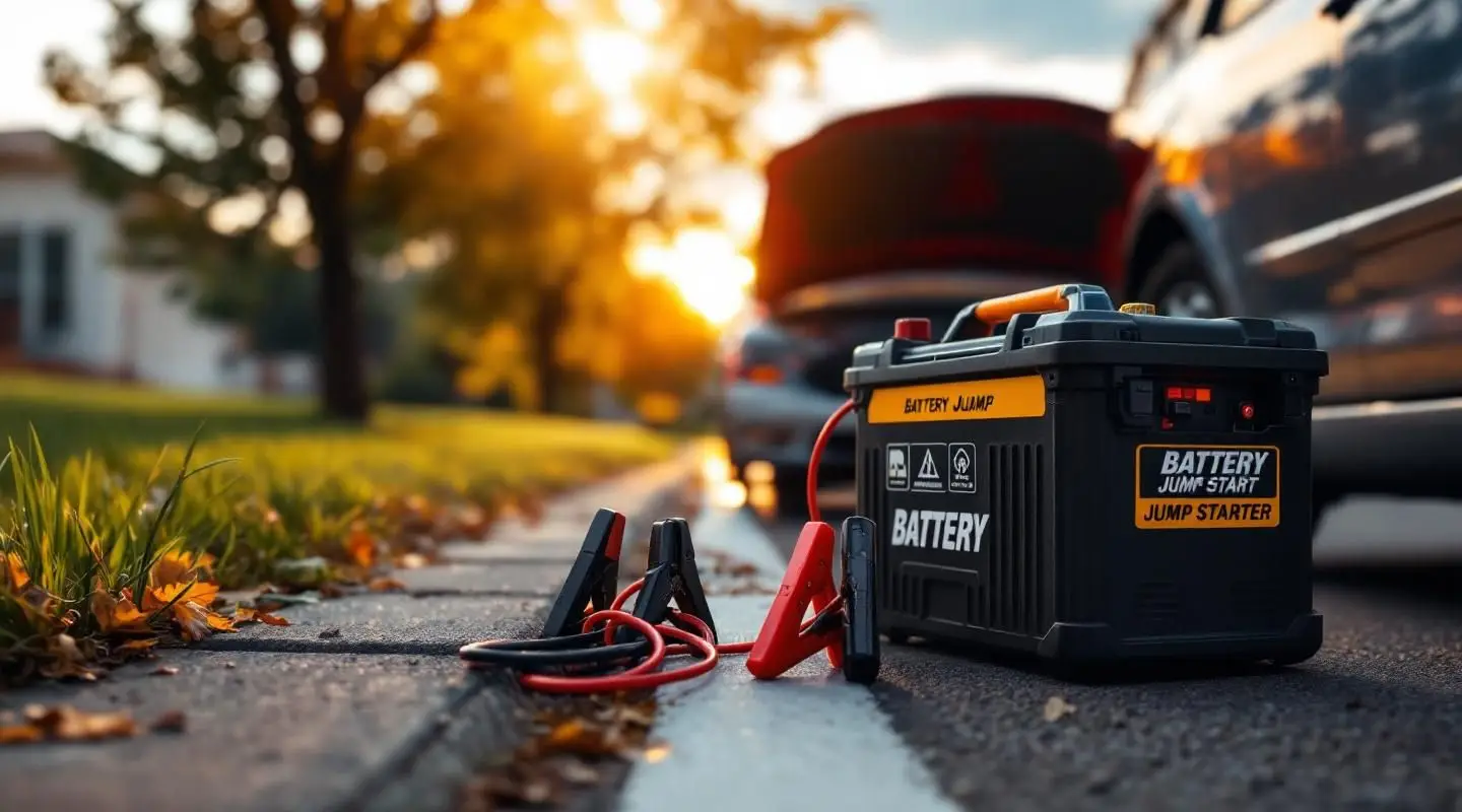 A professional roadside technician connecting heavy-duty booster cables to a dead car battery in freezing Fargo weather.