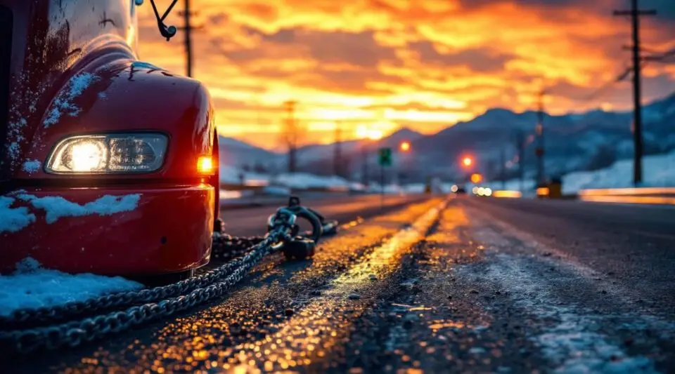 A flatbed tow truck loading a disabled sedan on a Fargo street at dusk, cinematic lighting.