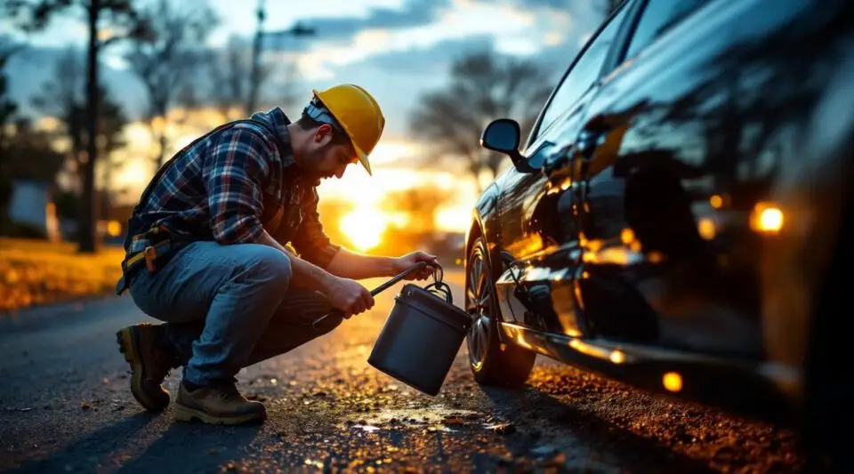 Roadside technician safely unlocking a car door in Fargo using specialized lockout tools on a cold winter evening.