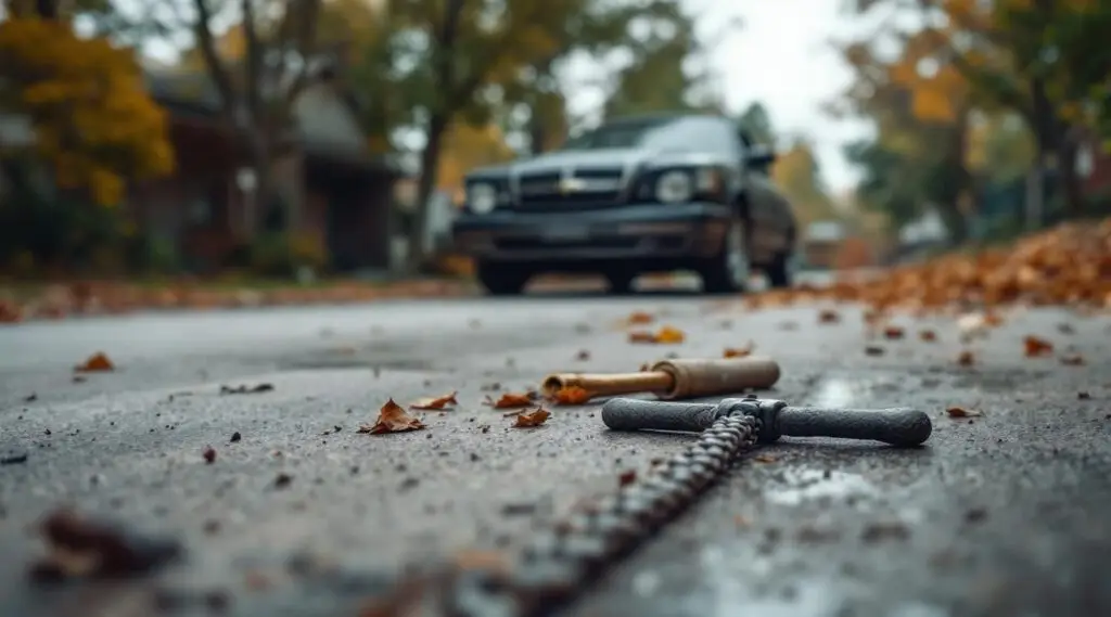 Flatbed tow truck loading a damaged, non-running sedan from a gravel driveway in Barnesville under an overcast sky.