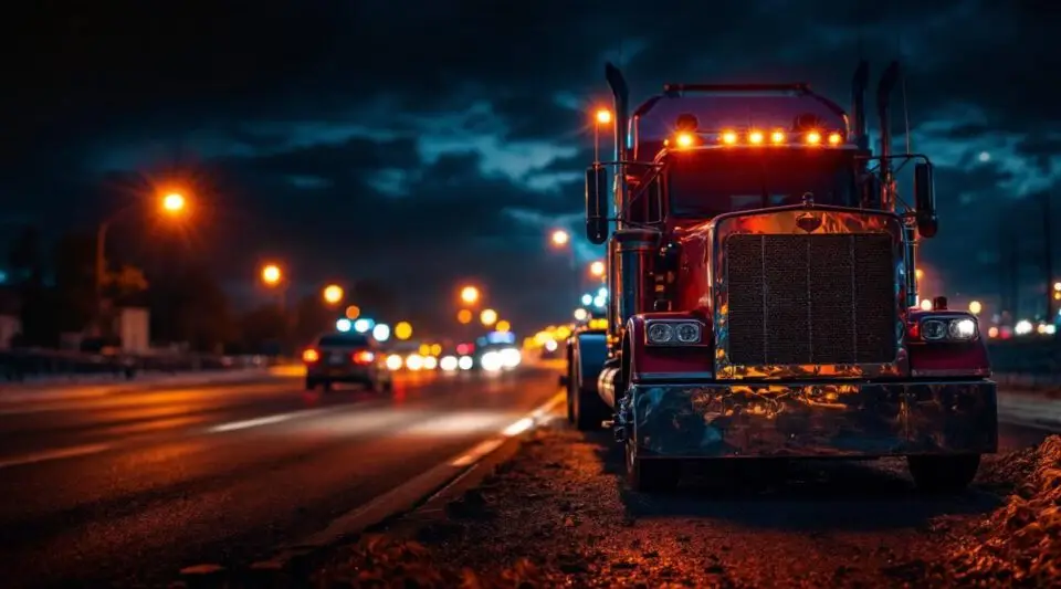 A flatbed tow truck with amber warning lights active on a roadside in Fargo during a winter evening recovery operation.