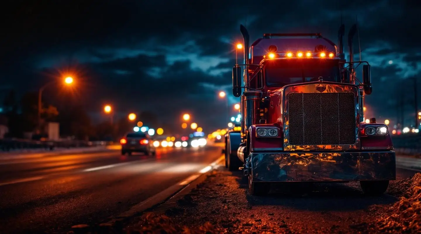 A flatbed tow truck with amber warning lights active on a roadside in Fargo during a winter evening recovery operation.