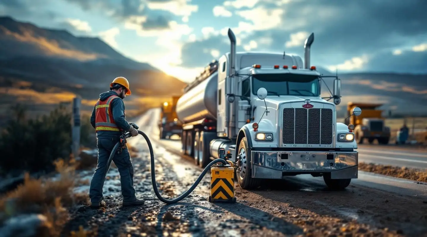 A Fargo Towing Company service vehicle parked safely behind a stranded car on a Fargo highway at dusk with amber lights flashing.