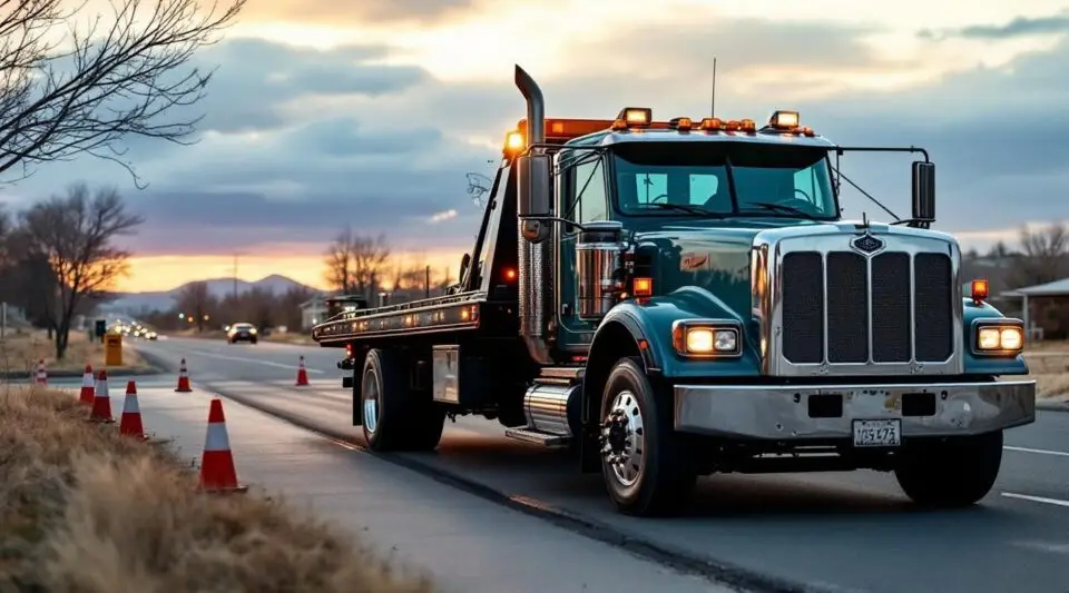 A professional flatbed tow truck loading a sedan on a clear evening in Fargo, North Dakota, showcasing reliable towing.