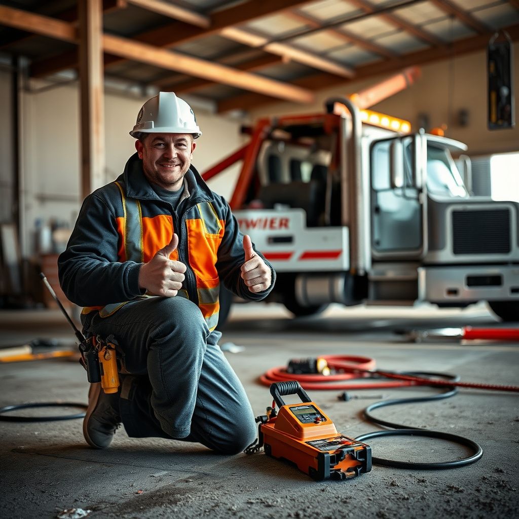 A professional tow truck driver from Fargo Towing Company smiling confidently next to a well-maintained tow truck in Argusville, North Dakota.