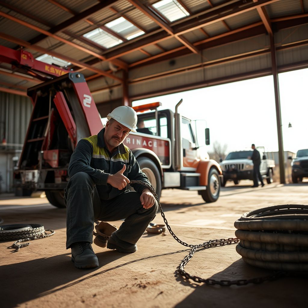 A professional tow truck operator smiling while standing next to a modern tow truck on a clear day in Kindred, North Dakota, ready to assist.