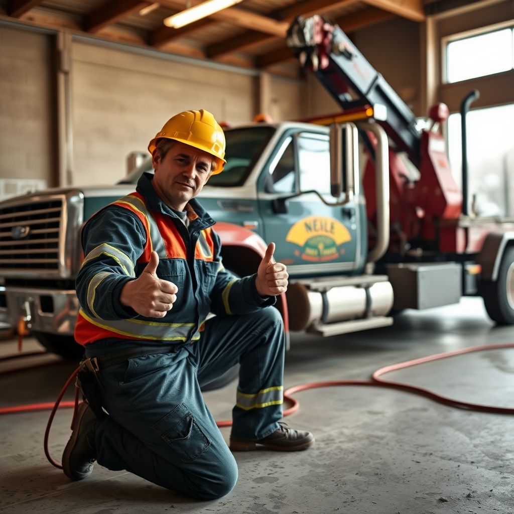 A professional tow truck operator smiling confidently next to a modern flatbed tow truck in Glyndon, ready to assist a stranded motorist.
