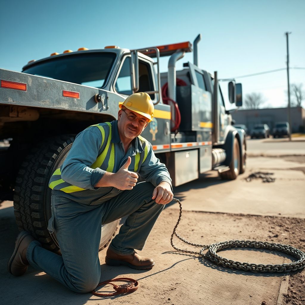 A professional tow truck operator smiling confidently while standing next to a modern flatbed tow truck in Mapleton, North Dakota, ready to assist.
