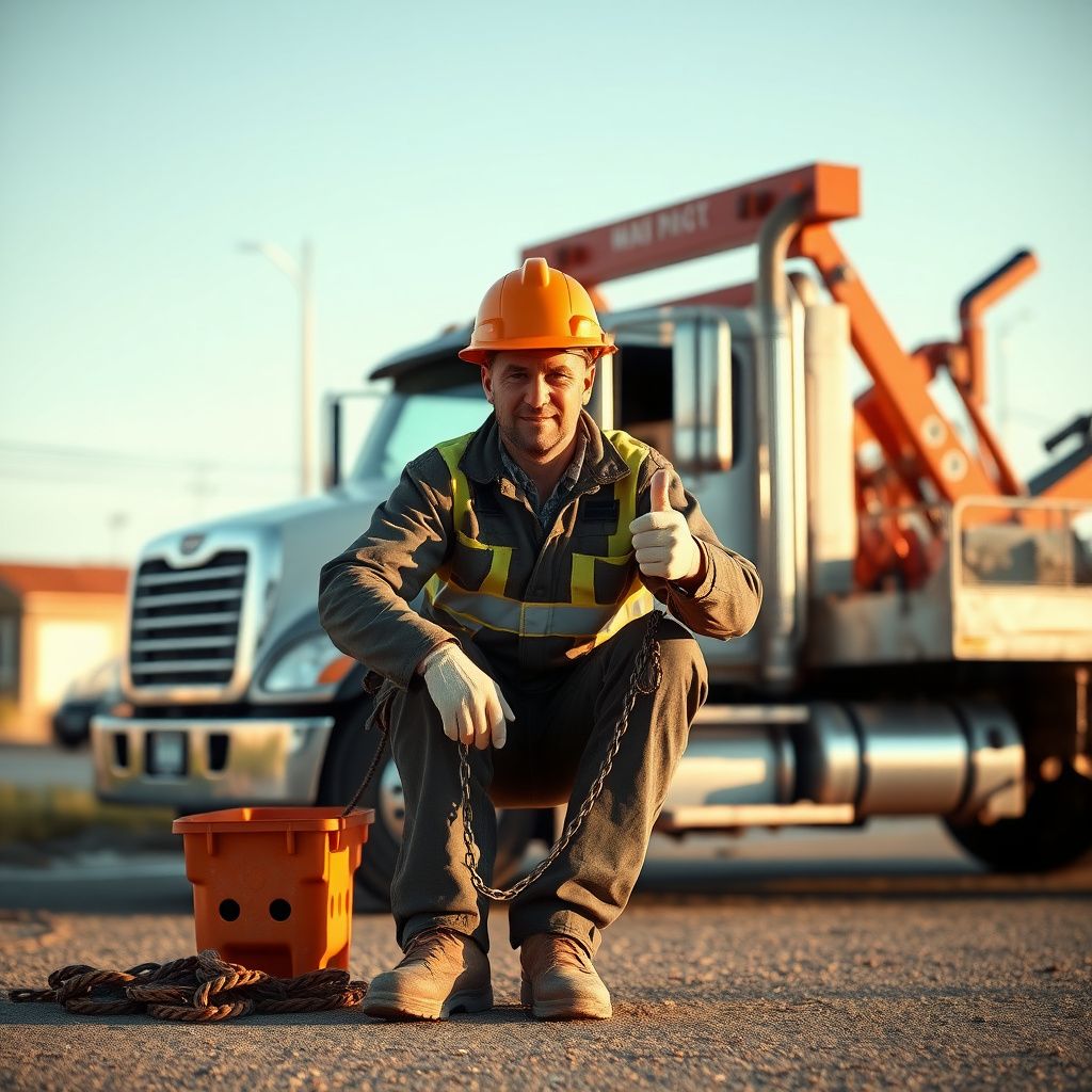 A professional tow truck operator in uniform, smiling and giving a thumbs up next to a flatbed tow truck in a well-lit garage, ready for dispatch in Oxbow, North Dakota.
