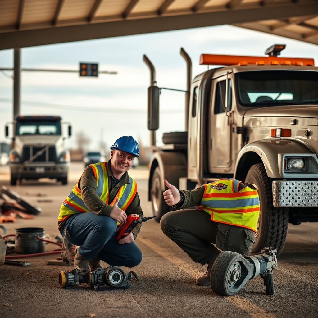 A tow truck operator smiling while securing a vehicle onto a flatbed tow truck on a sunny day in Casselton, North Dakota.