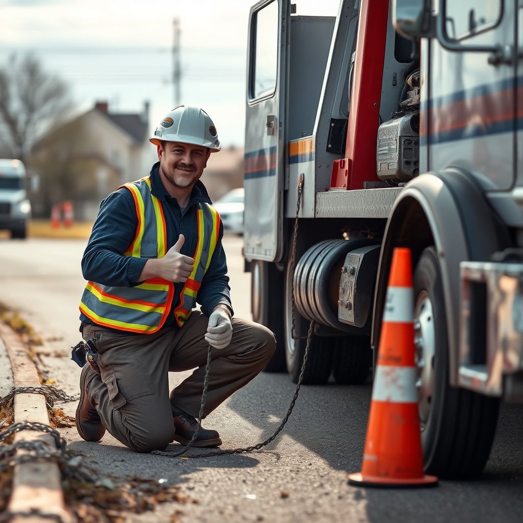 A professional tow truck operator from Fargo Towing Company assisting a driver with a tire change on the side of a road near Barnesville, Minnesota.