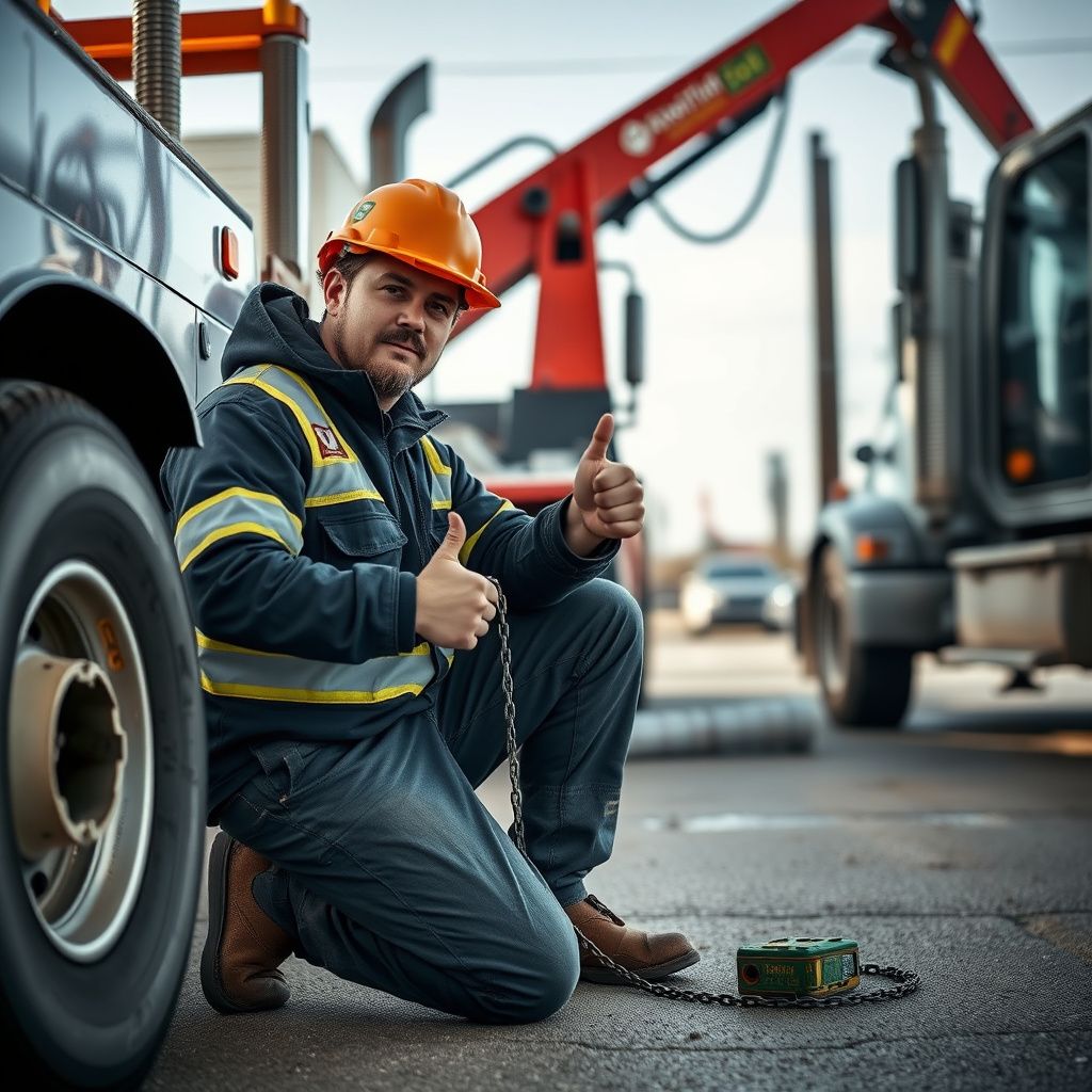 A professional tow truck operator smiling confidently next to a modern tow truck in Harwood, North Dakota, with a residential backdrop, emphasizing reliable local service.